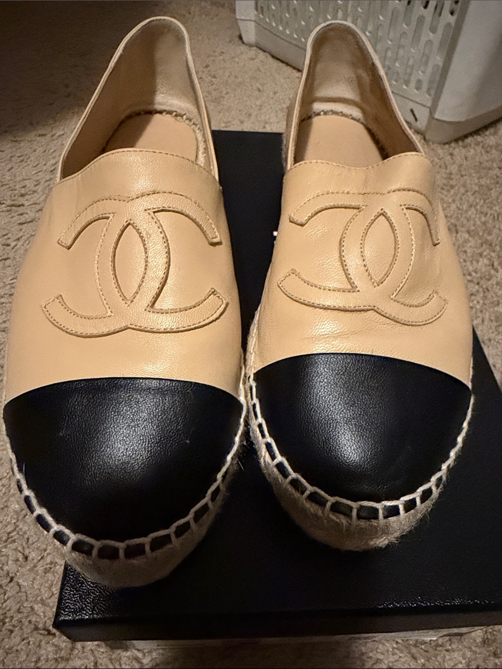 CHANEL Beige and Black Leather Espadrille Flats with Interlocking CC